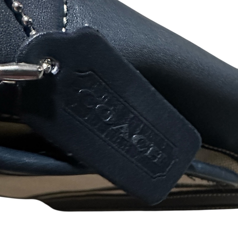 Vintage 90’s Coach Bleeker Flap Handbag Deep Navy Blue Leather & Wheat Canvas - Picture 12 of 16